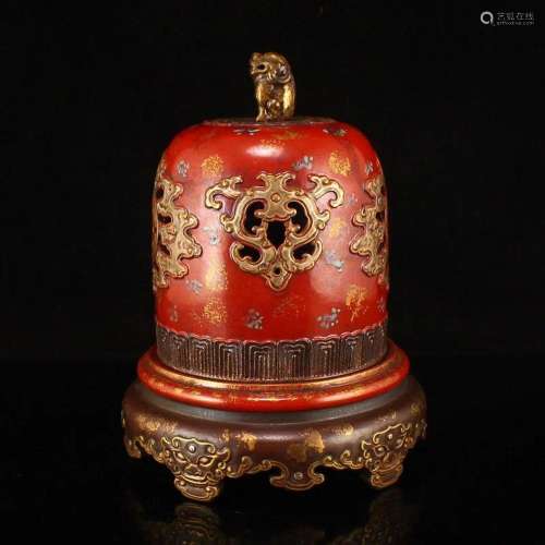 Gilt Gold Red Glaze Lucky Lion Porcelain Incense Burner