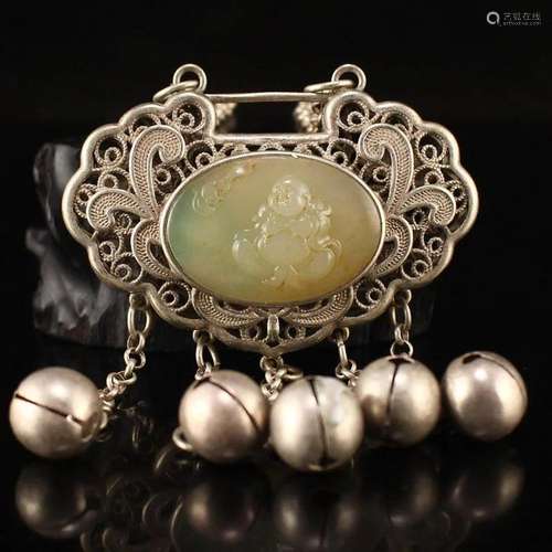 Silver Inlay Hetian Jade Laughing Buddha Pendant