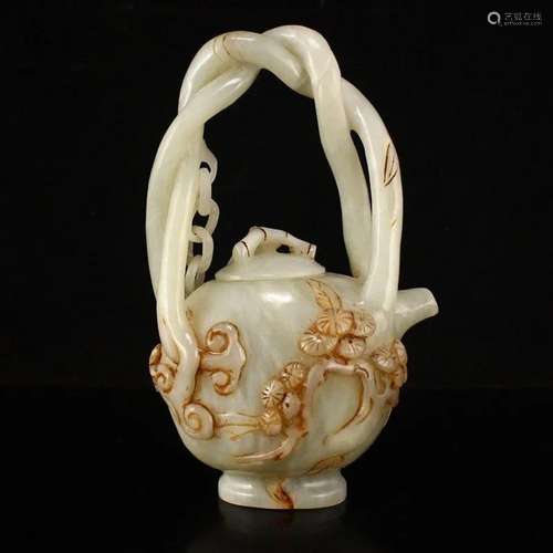 Chinese Qing Dy Hetian Jade Pine Tree Handle Teapot