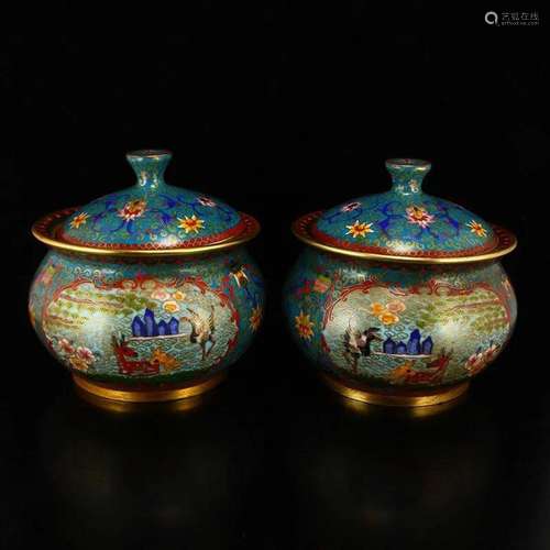 A Pair Gilt Gold Red Copper Cloisonne Tea Caddies