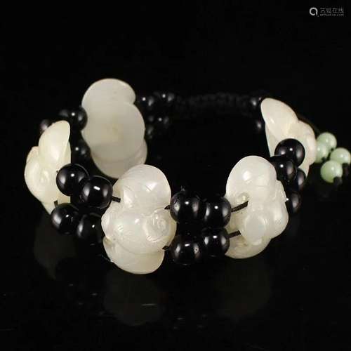 Chinese Natural Hetian Jade Bat Beads Bracelet