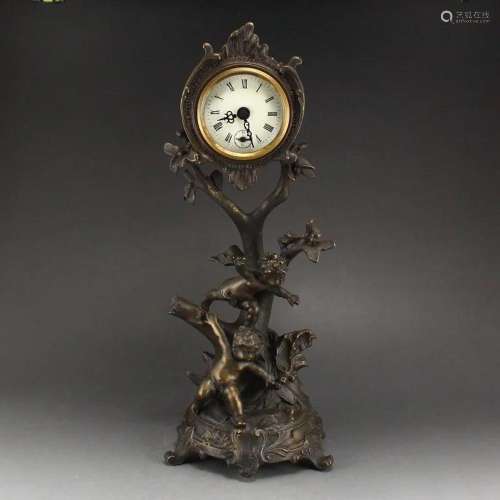 Vintage Chinese Bronze Mechanical Watch w Angels