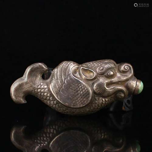 Vintage Chinese Pure Silver Dragon Fish Snuff Bottle