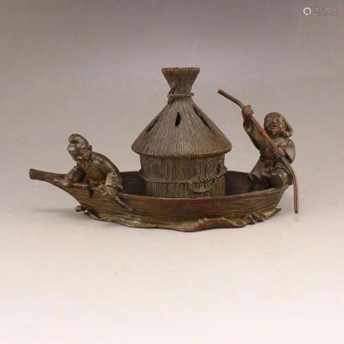 Vintage Chinese Red Copper Figure & Boat Incense Burner