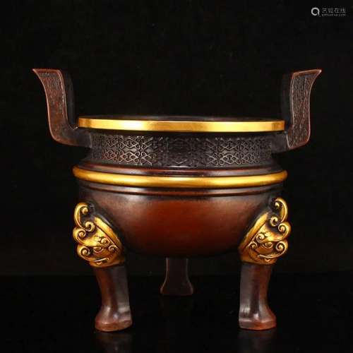 Gilt Gold Red Copper Double Ears 3 Legs Incense Burner