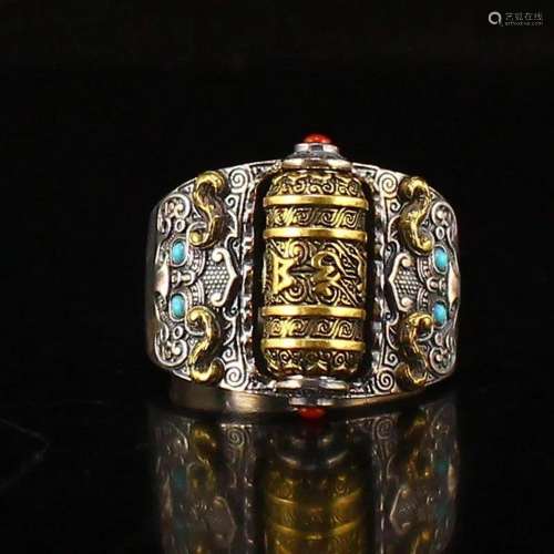 Tibetan Pure Silver Inlay Gems Ring