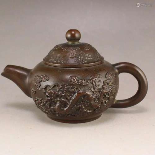 Chinese Red Copper Low Relief Dragon Design Teapot