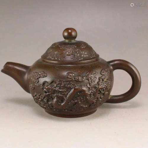 Chinese Red Copper Low Relief Dragon Design Teapot