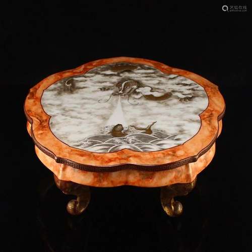 Gilt Gold Black Glaze Dragon & Fish Porcelain Tea Table