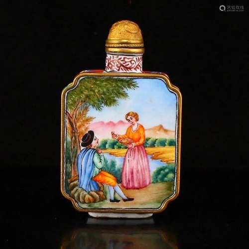Chinese Gilt Gold Red Copper Enamel Figure Snuff Bottle