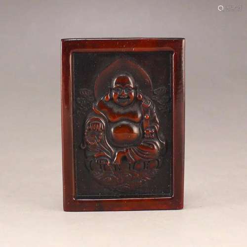 Vintage Chinese Ox Horn Carved Laughing Buddha Pendant