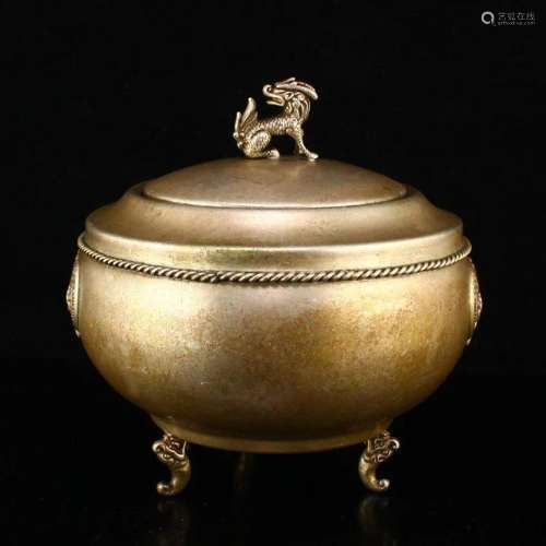 Vintage Chinese Silver Lucky Kylin 3 Legs Pot w Lid