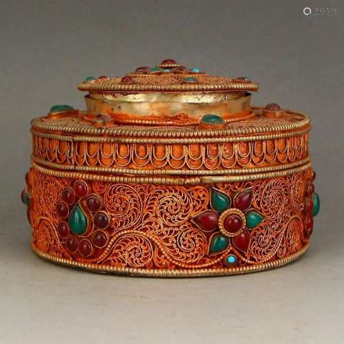 Tibetan Buddhist Silver Wires Inlay Gems Jewelry Box