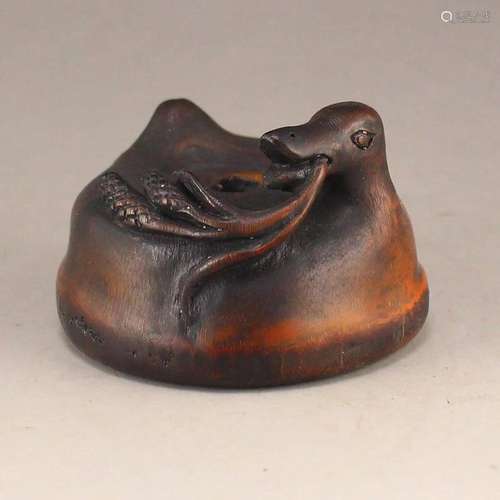 Vintage Chinese Bamboo Root Carved Duck Ink Pot