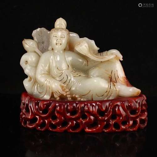 Hand Carved Chinese Qing Dy Hetian Jade Kwan-yin Statue