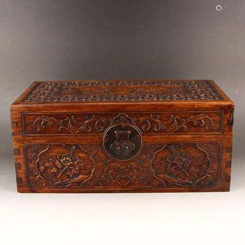 Zitan Wood Double Fish & Peony Design Jewelry Box