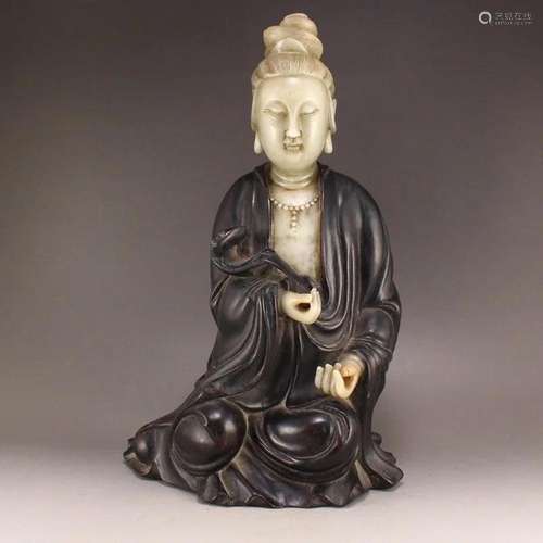 Chinese Zitan Wood Inlay Shoushan Stone Kwan-yin Statue