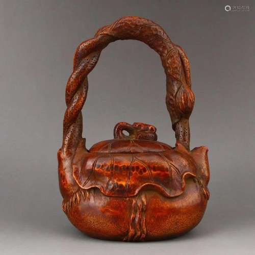 Vintage Chinese Bamboo Carved Handle Teapot