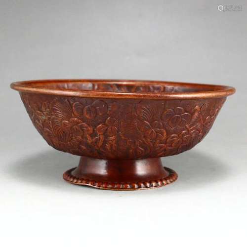 Vintage Chinese Red Copper Flowers & Birds Design Bowl