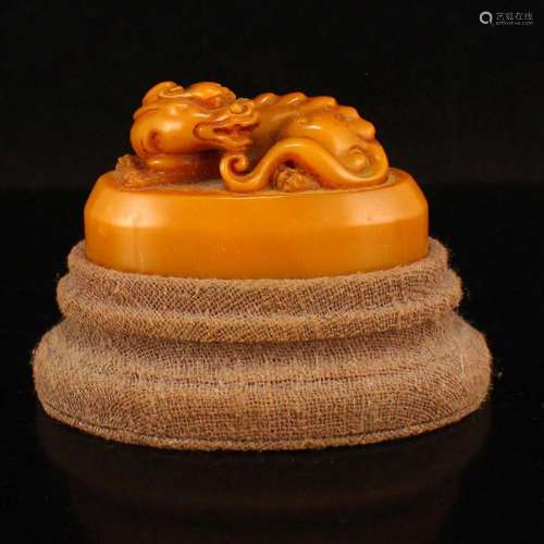 Chinese Qing Dy Tianhuang Stone Divine Beast Seal w Box