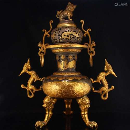 Superb Chinese Gilt Gold Copper Chi Dragon Double Layer Drag...