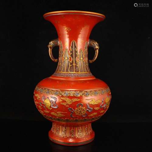 Superb Chinese Gilt Gold Red Glaze Low Relief Lucky Design D...