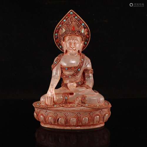 Tibetan Buddhism Silver Inlay Crystal & Gems Buddha Stat...