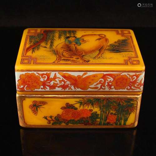 Vintage Chinese Gilt Gold Enamel Yellow Peking Glass Box