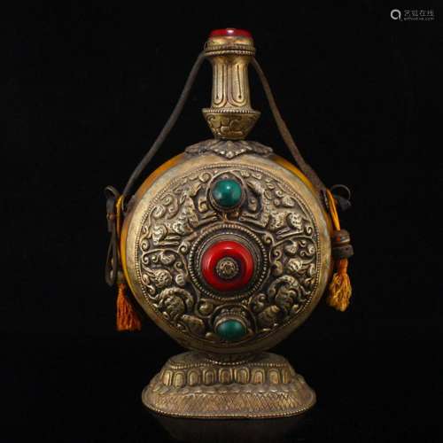 Vintage Tibetan Silver Inlay Amber & Gem Big Bottle