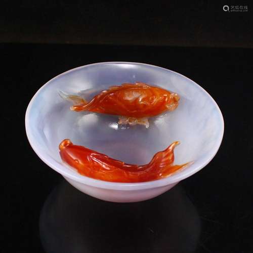 Chinese Agate Carved Double Fifh Bowl w Certificate