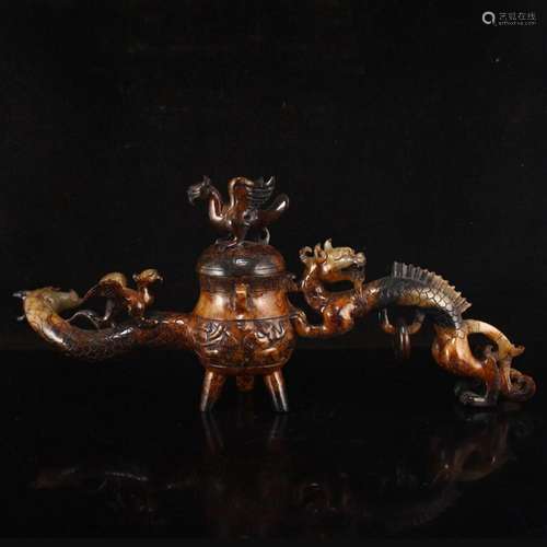 Superb Vintage Chinese Hetian Jade Divine Beasts Burner w Li...