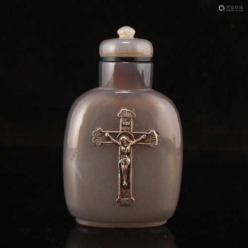 Vintage Natural Agate Inlay Silver Cross Snuff Bottle