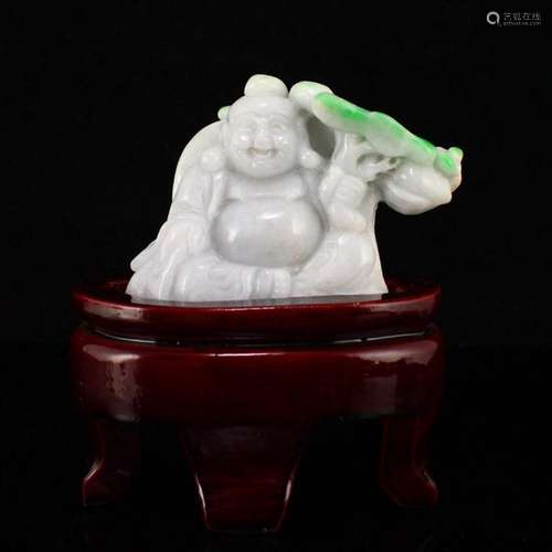 Hand Carved Natural Jadeite Laughing Buddha Statue