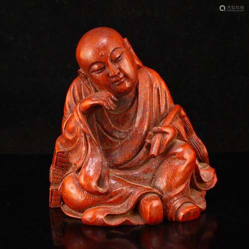 Chinese Qing Dy Bamboo Carved Thinking Buddha Statue