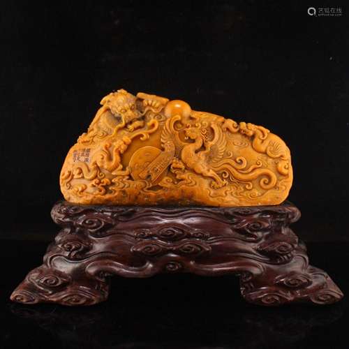 Superb Chinese Qing Dy Tianhuang Stone Dragon Phoenix Statue