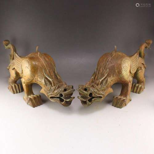 A Pair Vintage Chinese Bronze Fortune Dragon Statues