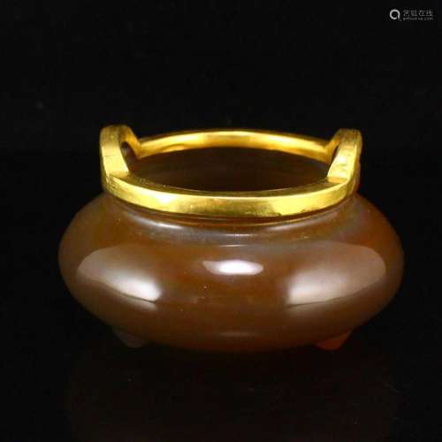 Vintage Chinese Gilt Edge Agate Double Ears Incense Burner