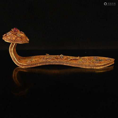 Chinese Qing Dynasty Gold Wire Enamel Inlay Gem Ruyi Scepter