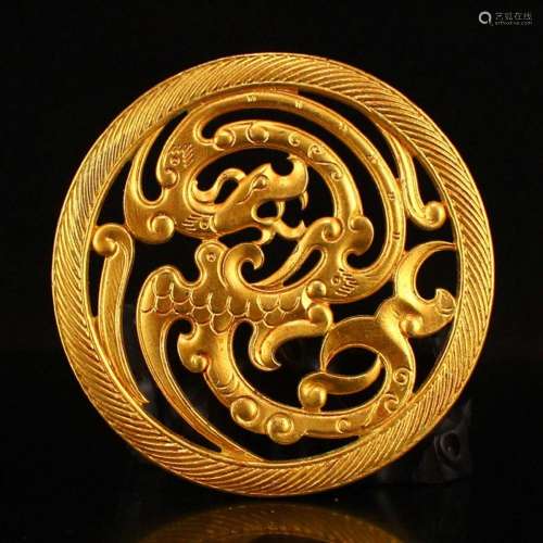 Openwork Chinese Gilt Gold Red Cooper Dragon Phoenix Pendant