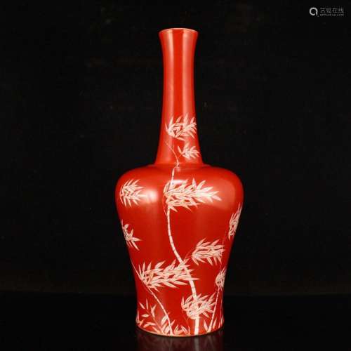 Chinese Red Glaze Bamboo Design Porcelain Vase w Kangxi Mark