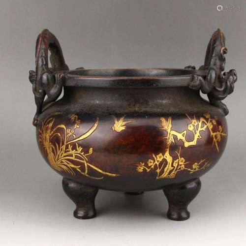 Superb Chinese Gilt Gold Red Copper Double Ears Chi Dragon I...