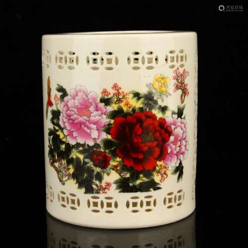 Openwork Chinese Famille Rose Porcelain Peony Brush Pot w Qi...
