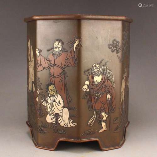 Chinese Red Copper Eight Taoism Deity Brush Pot