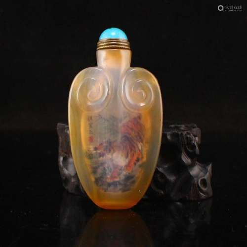 Vintage Chinese Agate Inside Painting Tiger Snuff Bottle