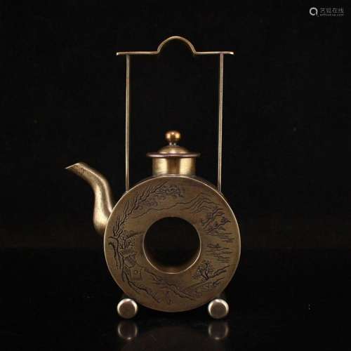 Vintage Chinese White Copper Handle Wine Teapot
