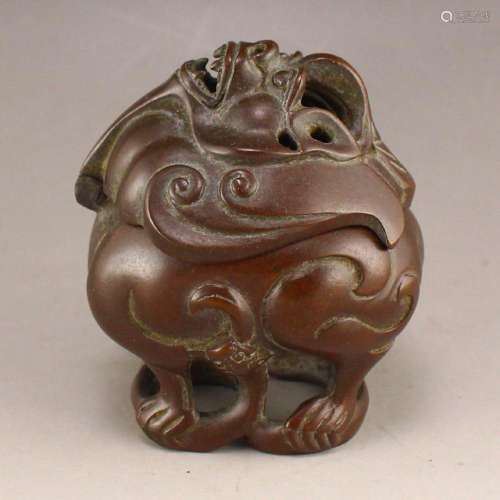 Openwork Vintage Chinese Red Copper Fortune Beast Incense Bu...