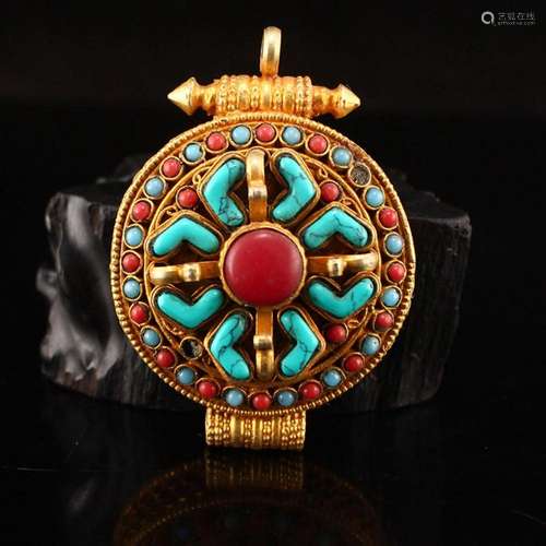 Gilt Gold Copper Inlay Turquoise & Gem Gawu Box Pendant