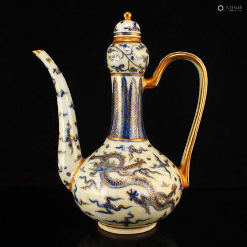 Chinese Gilt Gold Blue And White Porcelain Wine Pot