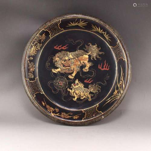 Vintage Chinese Gilt Gold Lacquerware Lions Plate