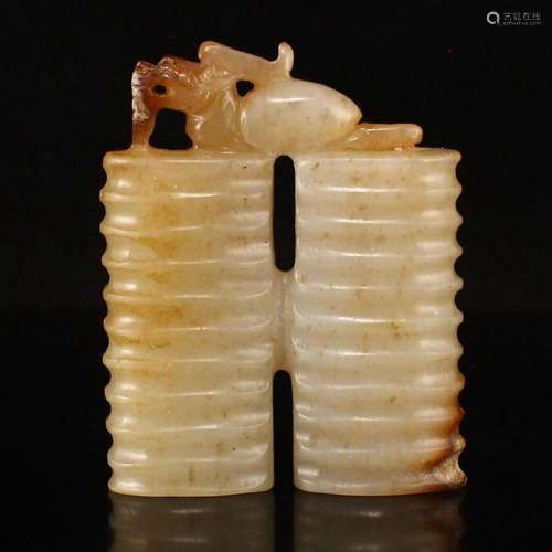 Hand Carved Chinese Natural Hetian Jade Beast Pendant